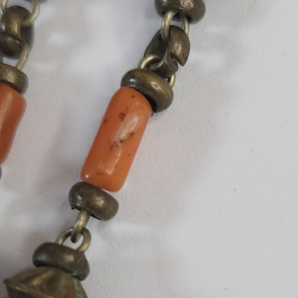 Vintage Yemeni Coral & Black Onyx Stone Beaded Tiger Eye Teardrop Stone Necklace - Picture 9 of 16